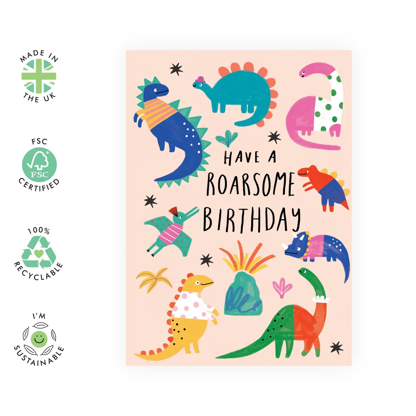 Dinosaurs Birthday Card - 'Dino Roarsome Birthday' - Gifts for Boys, Girls, Son, Daughter, Sister, Brother, Children, Kids - Kinds of Dinos - Comes with Fun Stickers