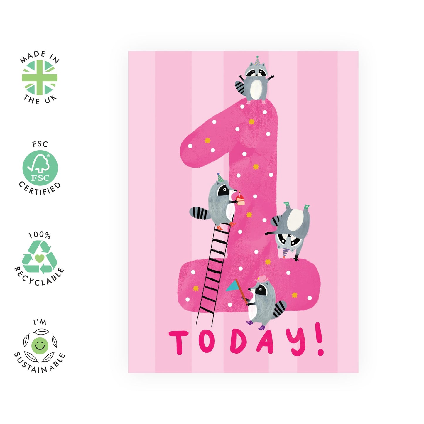 1st Birthday Greeting Card - 'Raccoons Pink One' - Gift for Girls, Daughter, Kids, Children, Toddlers, Baby - First Ever Bday - Comes with Fun Stickers