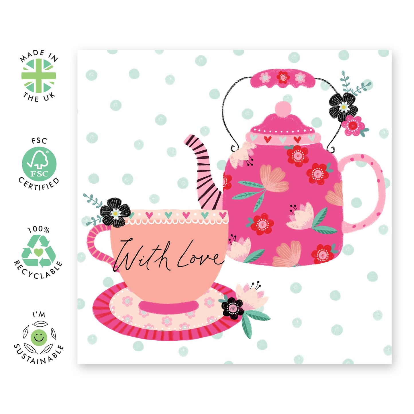 Love Cards For Her - With Love Tea Pot - Mothers Day Card From Son Daughter - Wife Anniversary Card - Valentines Card Girlfriend - Birthday Card For Women - Comes With Stickers By Central 23
