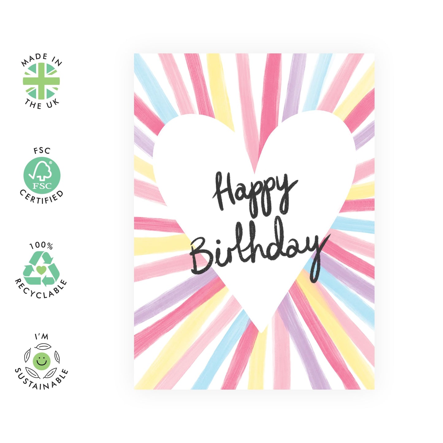 Simple Heart Birthday Card - 'Happy Birthday Heart Stripes' - Gifts for Sister, Mum, Ladies, Besties, Best Friends, BFF, Her - Colours - Comes with Fun Stickers