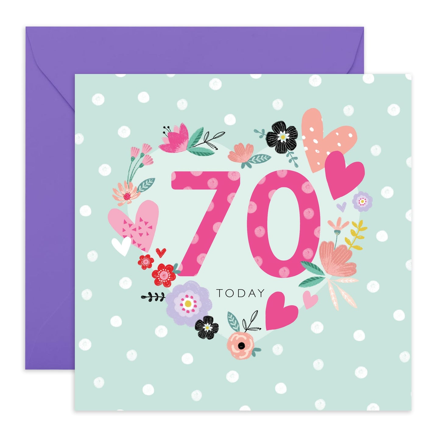 70th Birthday Card - Flower Heart Polka Dot - Pretty Birthday Cards For Women Female Ladies - Bday Greeting Cards For Her - Age 70 - Comes With Stickers - By Central 23