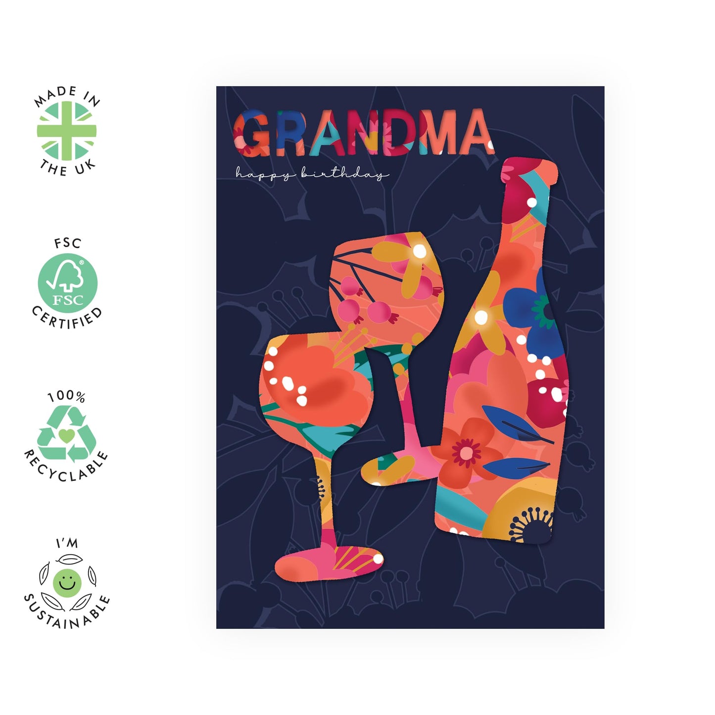 Birthday Card For Grandma - Floral Drinks Toast Celebration - Grandmother Birthday Card For Women - Greeting Cards For Her - Comes With Fun Stickers - By Central 23