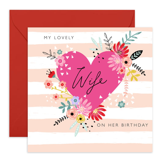Floral Birthday Cards For Wife - Hearts Flowers Stripes - Sweet I Love You Cards For Her - Beautiful Greeting Cards For Wives - Wife Gifts For Women - Comes With Cute Stickers By Central 23