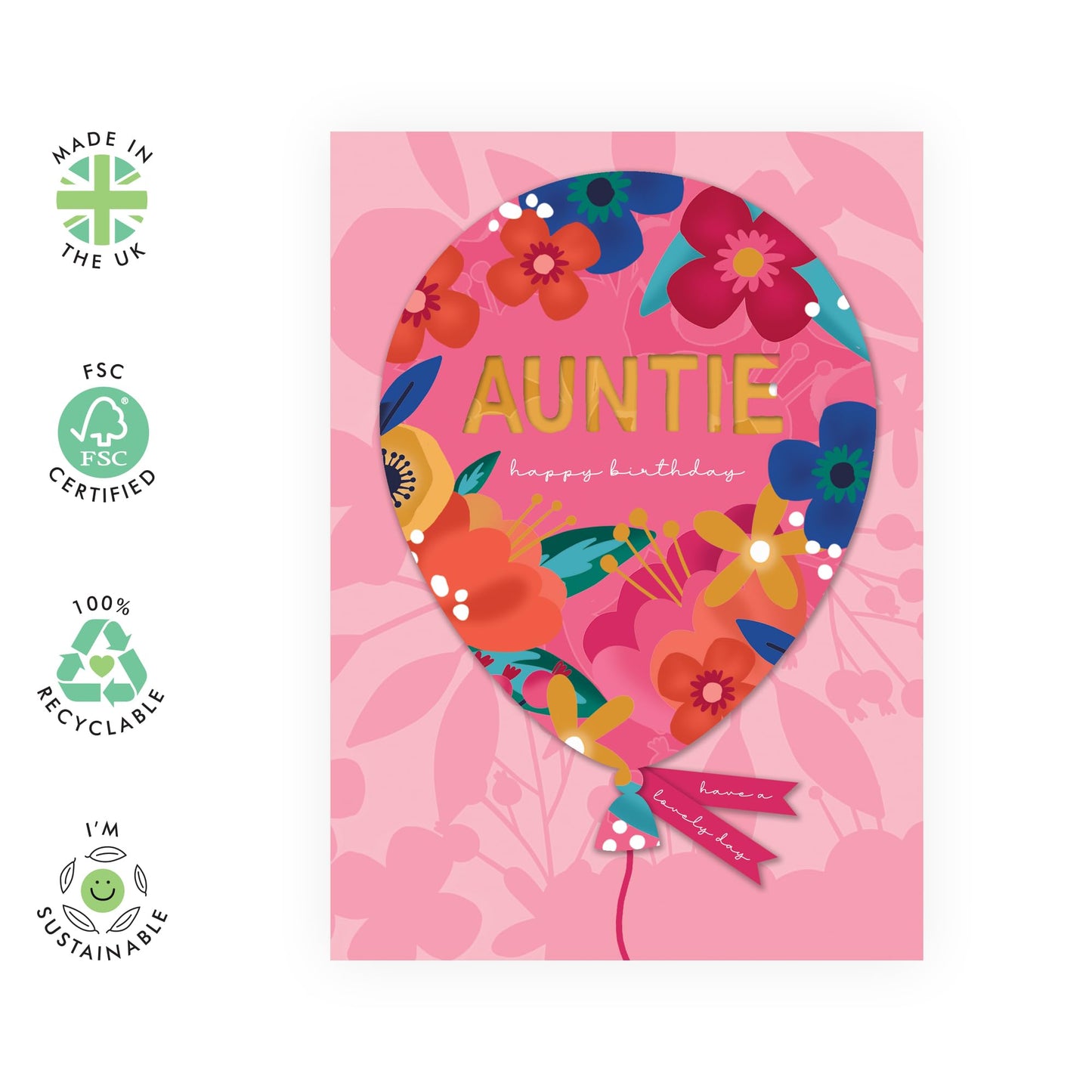 Floral Birthday Card For Auntie - Aunt Birthday Card Pink - Pretty Greeting Cards For Women - Flowers Balloons - Gifts For Women - Comes With Fun Stickers - By Central 23