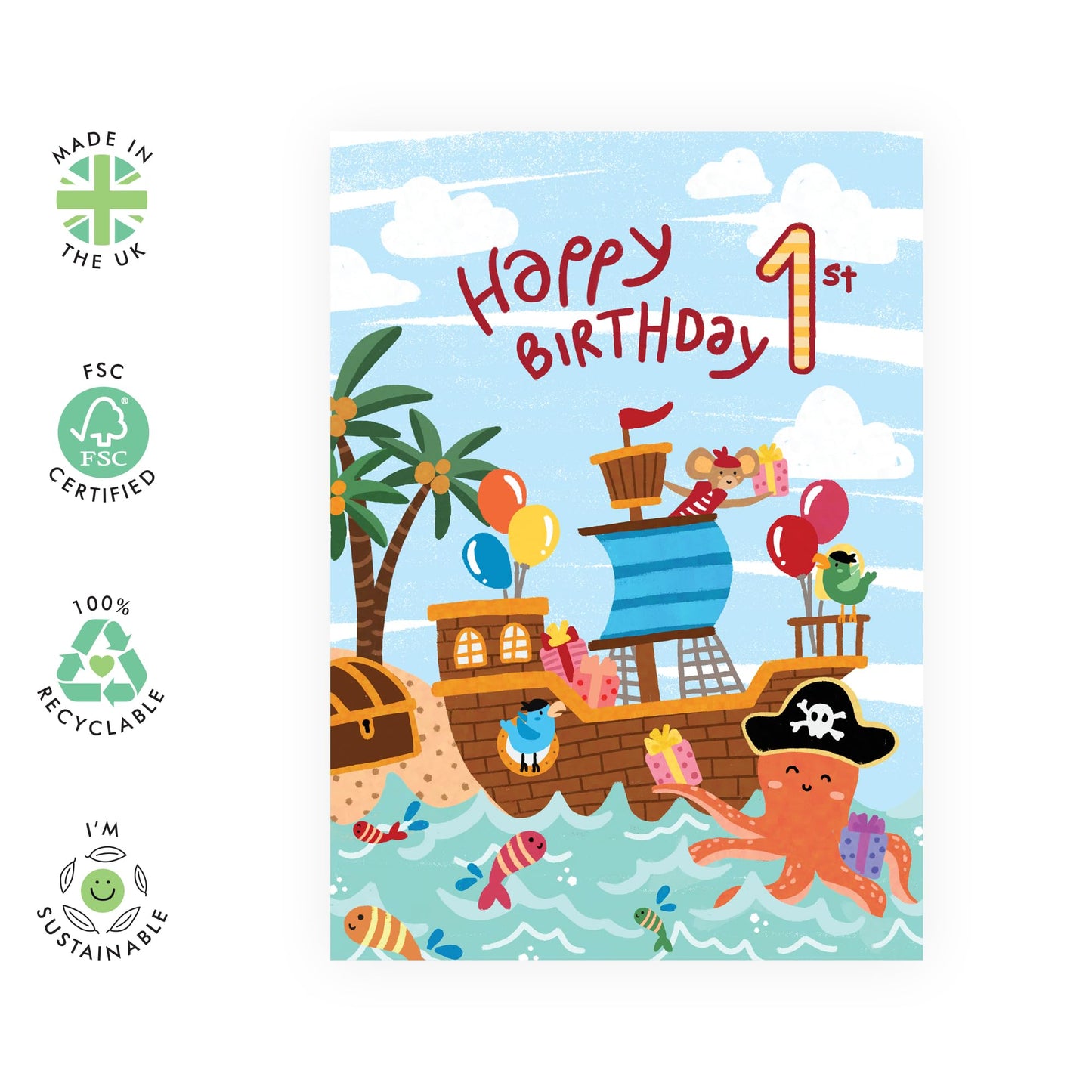 1st Birthday Card For Boy - Pirates Ship Treasure Island - Happy First Birthday Card For Kids - 1 Year Old - Age One - Gifts For Son Grandson Brother - Comes With Stickers - By Central 23