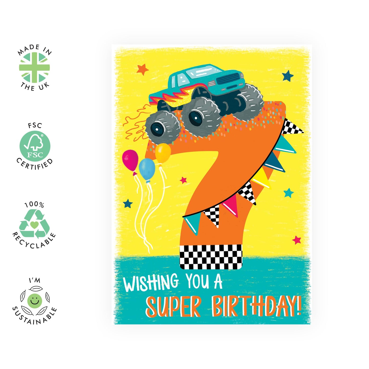 7th Birthday Card Boy Girl Toddler - Wishing You A Super Birthday - Monster Truck - Happy Birthday Card Age Seven - Seventh Bday Gifts For Grandson Goddaughter Kids - Comes With Stickers By Central 23