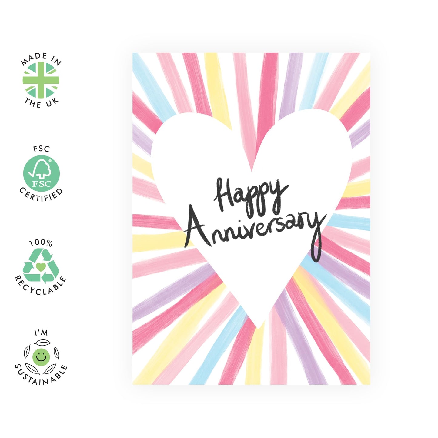Colourful Anniversary Day Card - 'Happy Anniversary Heart Stripes' - Romantic Gifts for Boyfriend, Husband, Wife, Girlfriend, Partner, Other Half - Simple - Comes with Fun Stickers