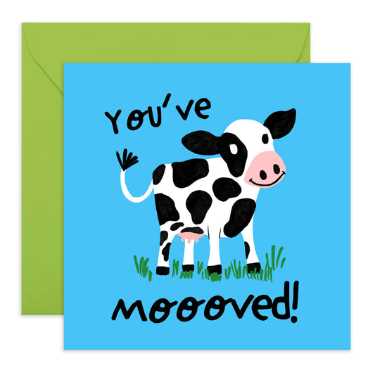New Home Card For Men Women - You've Moooved Cow - Funny Greeting Cards For Housewarming - New House Cards - Congratulations Card For New Home Owners - Comes With Stickers - By Central 23