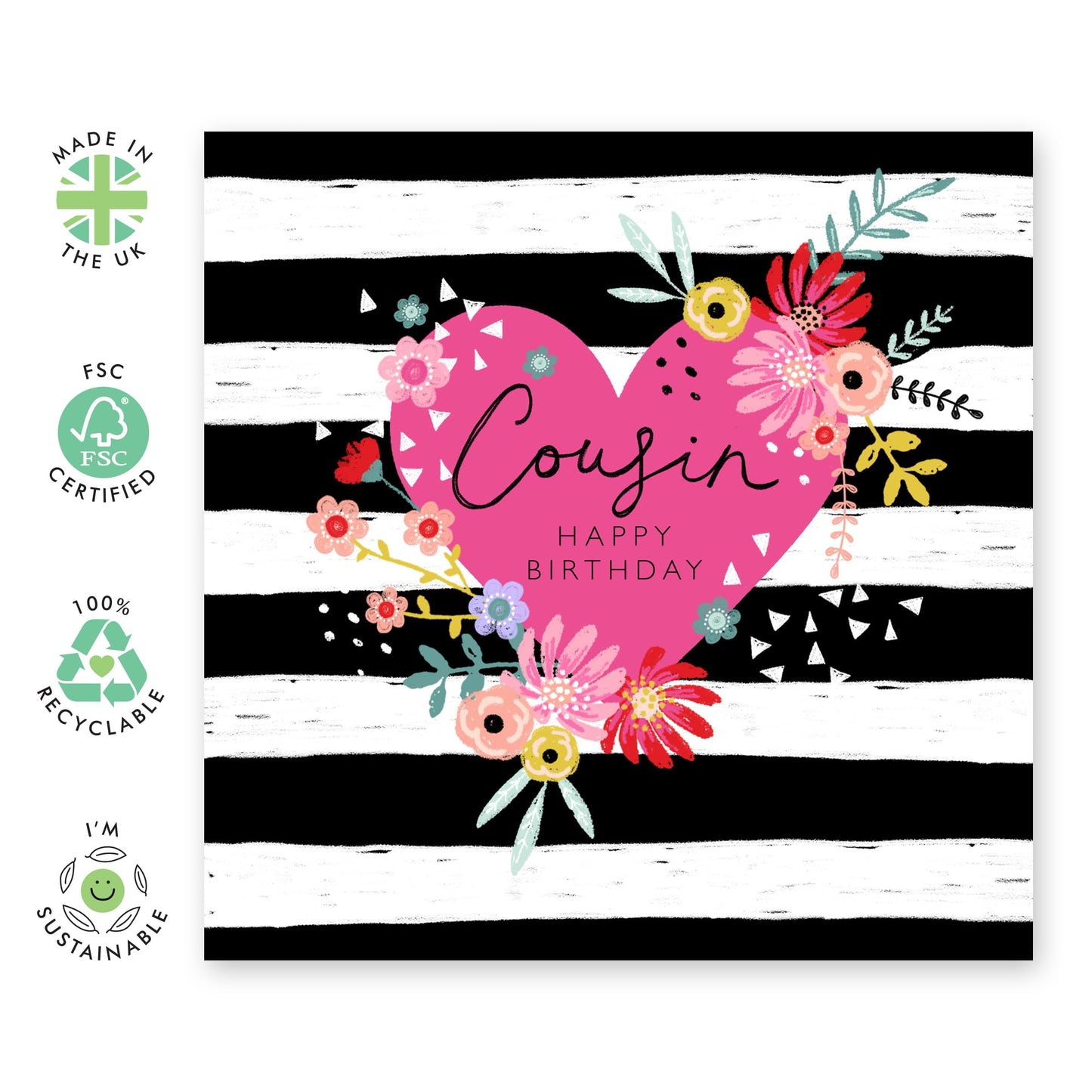 Cousin Birthday Cards For Women - Floral Hearts - Pretty Birthday Greeting Cards And Envelopes For Girls Ladies Female - Gift For Her - Comes With Fun Stickers - By Central 23