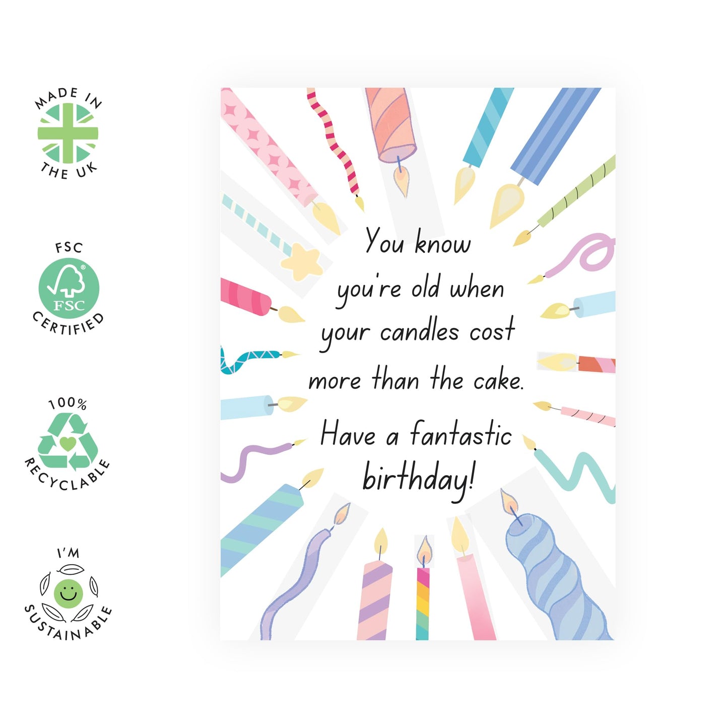 Humorous Birthday Card - 'CANDLES COST MORE THAN CAKE' - Celebrate with a Twist on Aging and Birthdays - Perfect for Adding a Fun Touch to a Special Day - Includes Envelope and Stickers by Central 23