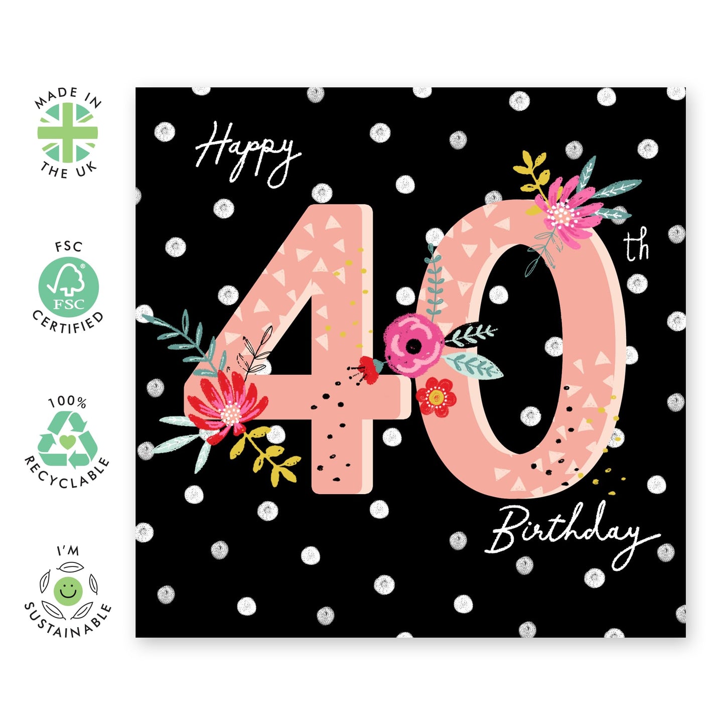 Elegant Birthday Card For Women Age 40 - Happy 40th Polka Dot Birthday - Happy 40th Birthday Cards For Sister - Gifts For Friends Aunt Daughter - Comes With Stickers By Central 23