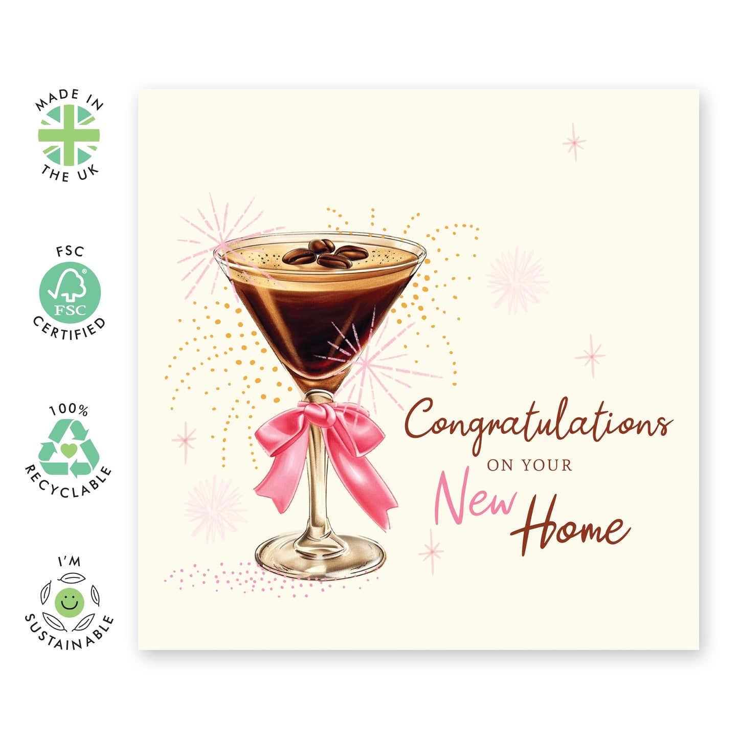 Best Wishes Celebration Card - 'Congratulations New Home' - Presents for Friends, Brother, Sister, Colleagues, Co-workers, Neighbours - Wine Glass - Comes with Fun Stickers
