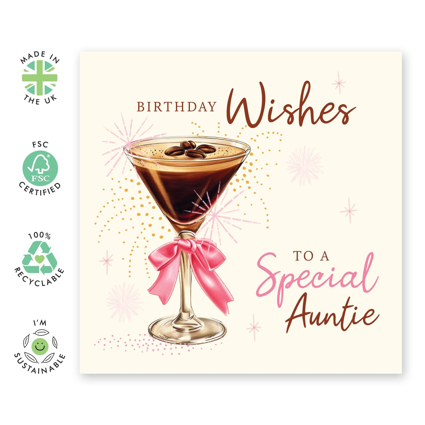 Best Wishes Birthday Card - 'Special Auntie Birthday' - Presents for Aunt, Family, Relatives from Nephew or Niece - Wine Glass - Comes with Fun Stickers