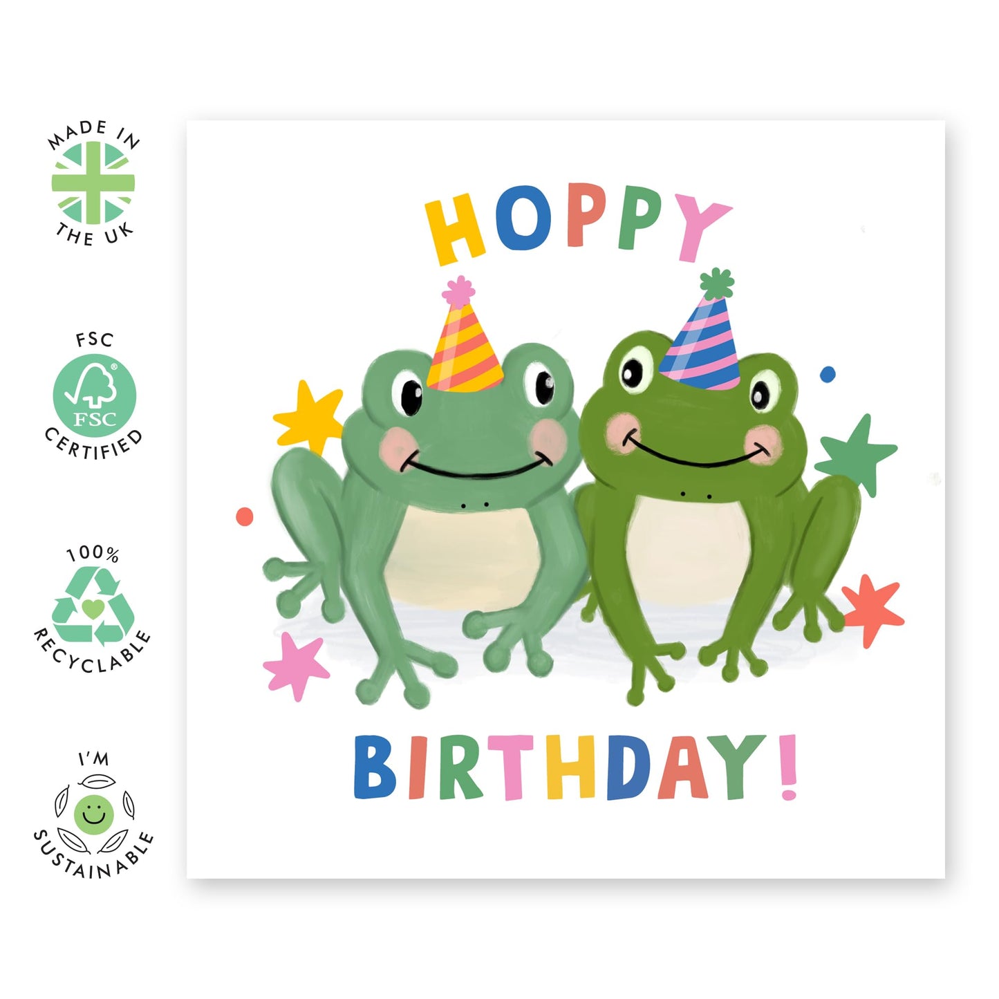 Smiling Frogs Birthday Card - 'Hoppy Birthday' - Funny Gift for Family, Relatives, BFFs, Best Friend, Buddies, Mate, Coworkers, Colleagues, Neighbours - Party Hat - Comes with Fun Stickers