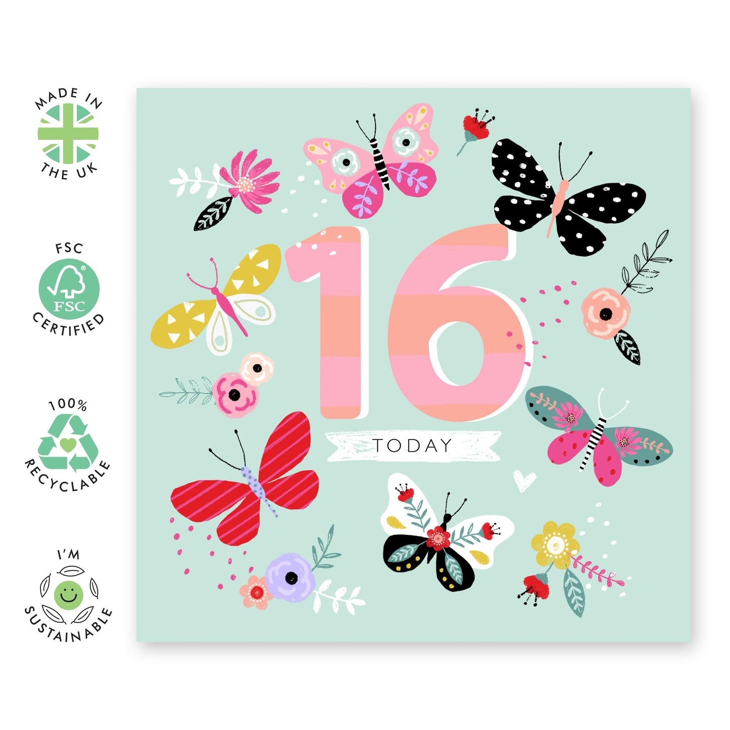 16th Birthday Cards For Kids - 16th Birthday Butterflies - Girl Birthday Card Sixteen Year Old - Happy Birthday Card For Daughter Granddaughter Niece - Comes With Stickers By Central 23