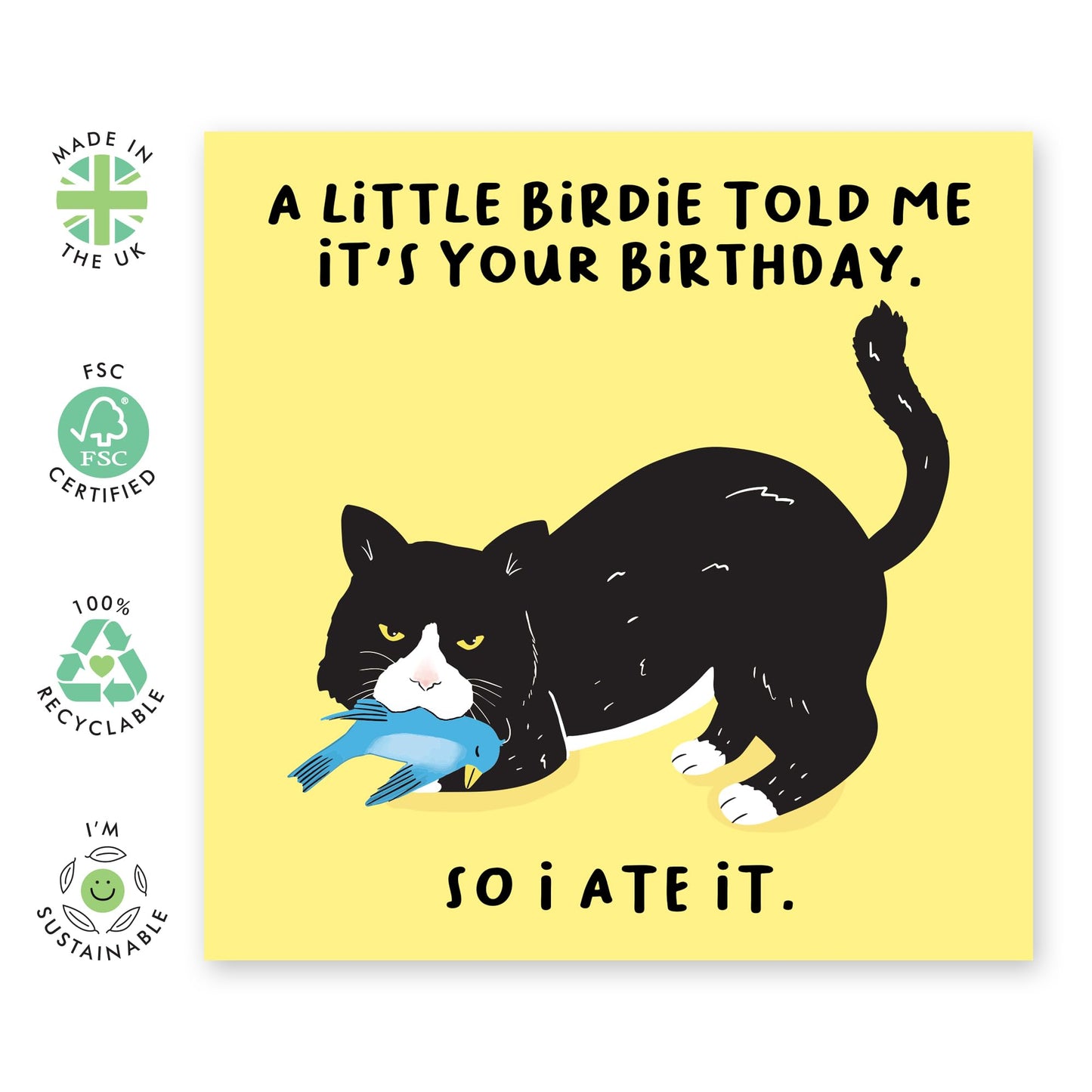 Funny Cat Birthday Card - 'Little Birdie' - Funny Gift for Besties, Best Friends, Mates, Buddies,Bro, Bruv, Sister, Sis, Girlfriend, Boyfriend - Cat Ate It - Comes with Fun Stickers