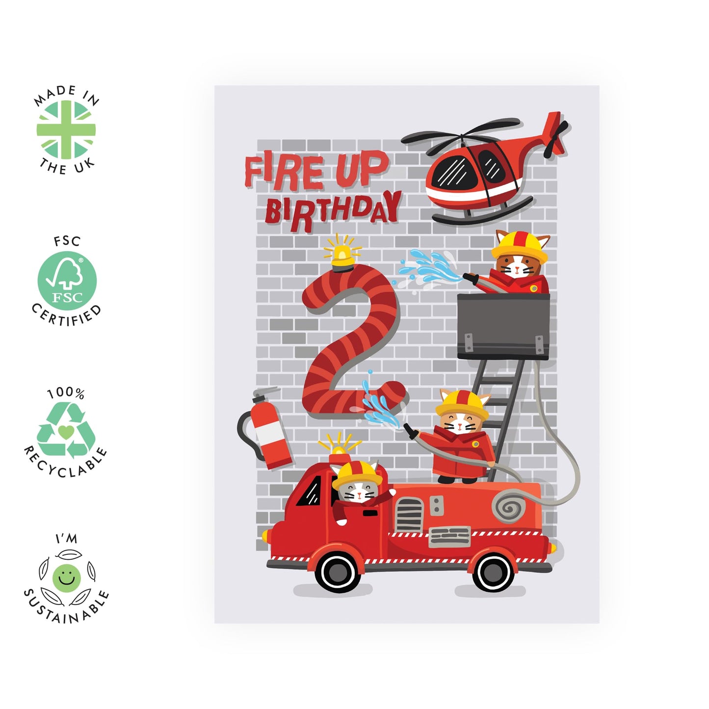 Grandson 2nd Birthday Card Boy - Happy Second Birthday - Fire Engine Helicopter - Boys Birthday Card 2 Year Old - Age Two - Gifts For Kids Son Brother - Comes With Stickers - By Central 23