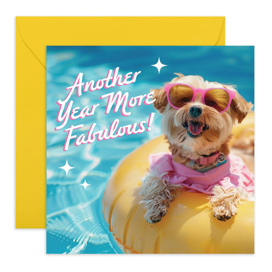 Dog in the Pool Birthday Card - 'Another Year Fab' - Birthday Gifts for Wife, Girlfriend, BFF, Sister & Her - Fabulous & Beautiful - Comes with Fun Stickers