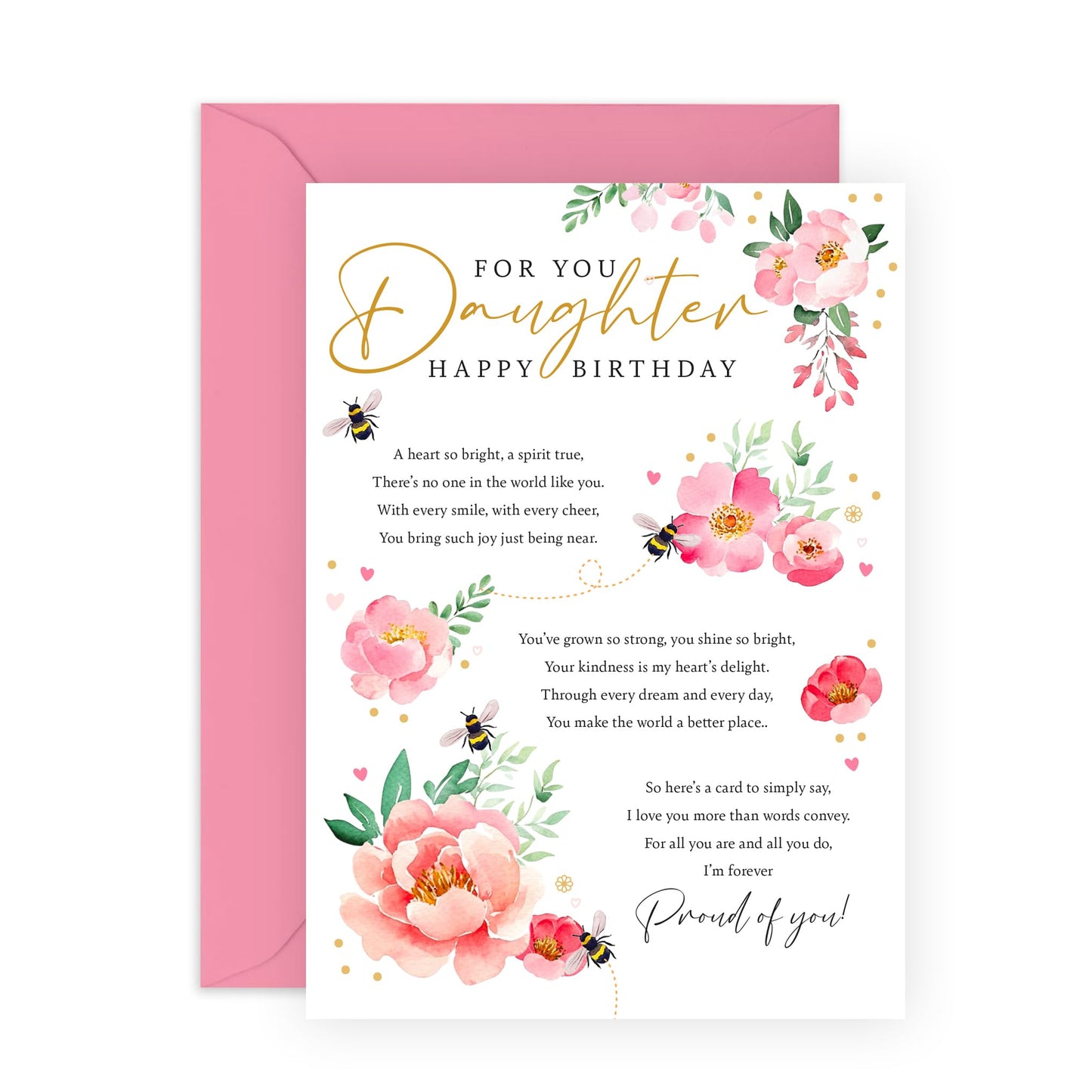 Birthday Greeting Card - 'Peony Poem Daughter' - Gift and Message for Daughters, Ladies, Step Daughter, In-Law, Her, Children, Kids - Flowers For Her - Comes with Fun Stickers