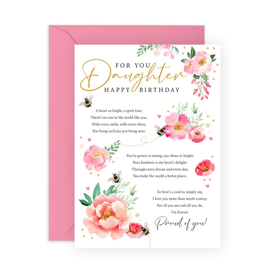 Birthday Greeting Card - 'Peony Poem Daughter' - Gift and Message for Daughters, Ladies, Step Daughter, In-Law, Her, Children, Kids - Flowers For Her - Comes with Fun Stickers