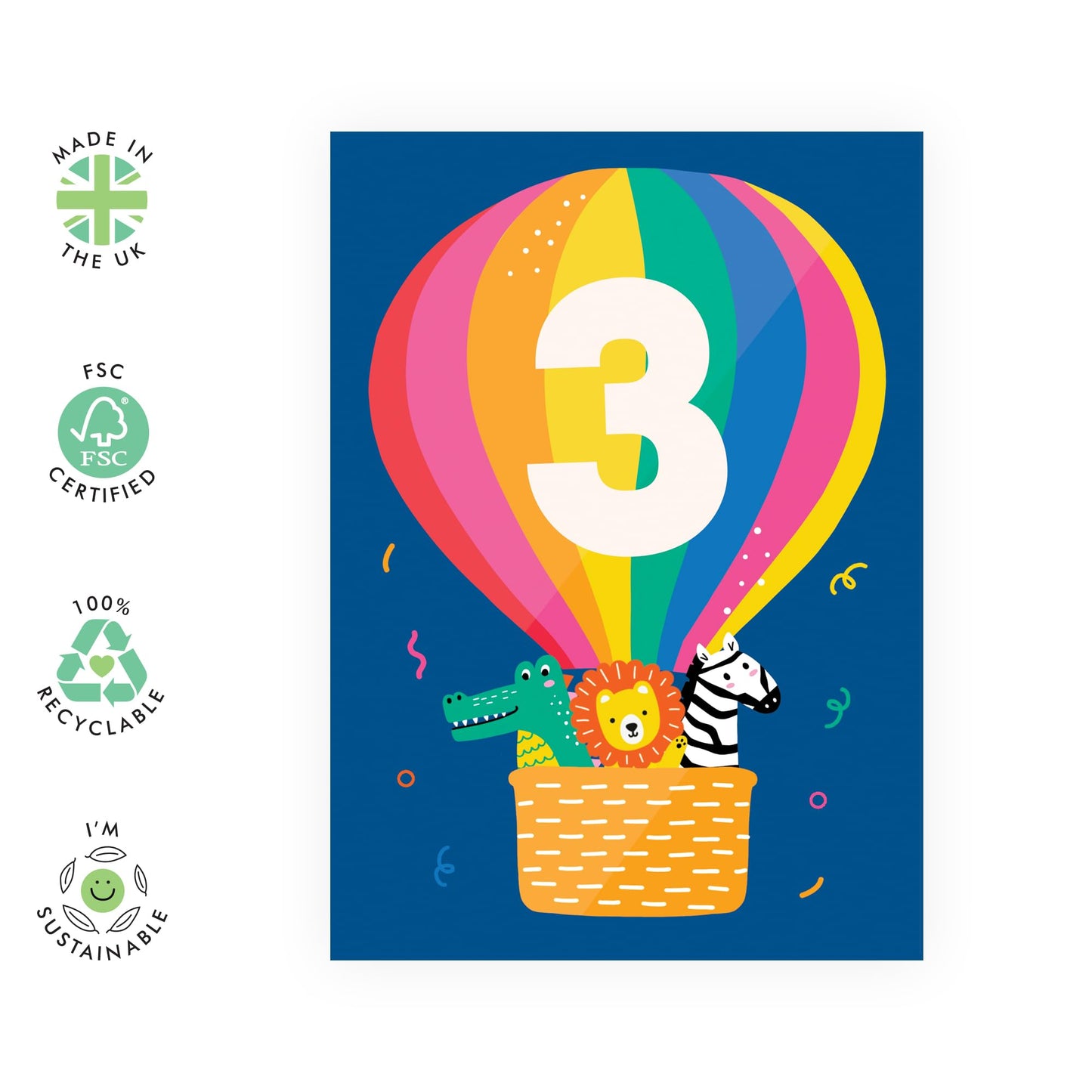 Third Birthday Card For Boys Girls - Hot Air Ballon Age Three - Happy 3rd Birthday Card For Kids - 3 Year Old - Alligator Lion Zebra - For Son Daughter - Comes With Stickers - By Central 23