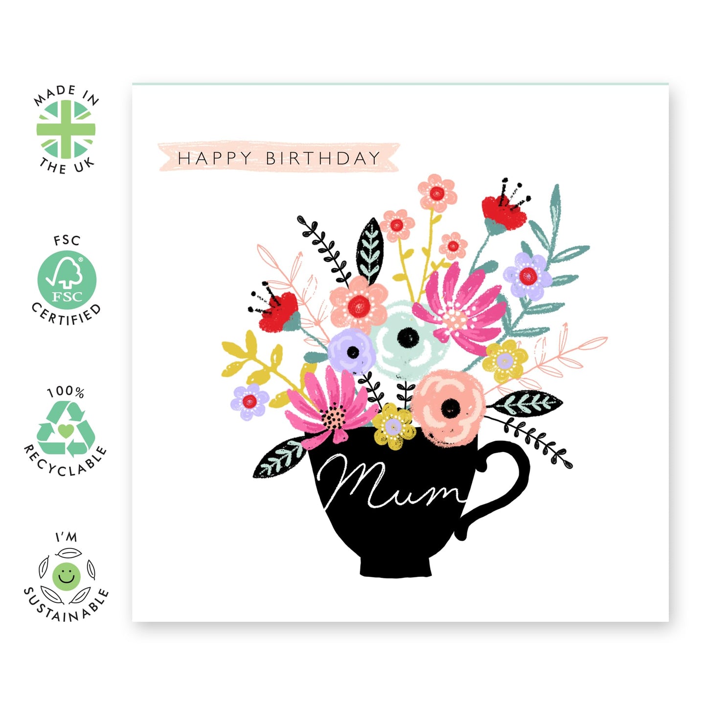 Birthday Card For Mummy - Birthday Mum Tea Cup Flowers - Greeting Card For Mum - Birthday Card For Mother From Son Daughter - Pretty Greeting Card For Mom - Comes With Fun Stickers - By Central 23