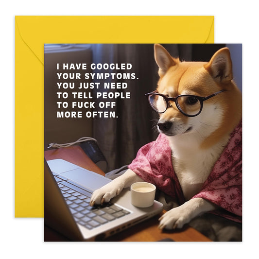 Dog Dad Cards - Dog Happy Birthday Card - Shiba Googling Symptoms - Funny Birthday Cards - Gifts For Men And Women - Cute Dog Greeting Cards For Him Her - Comes With Fun Stickers - By Central 23