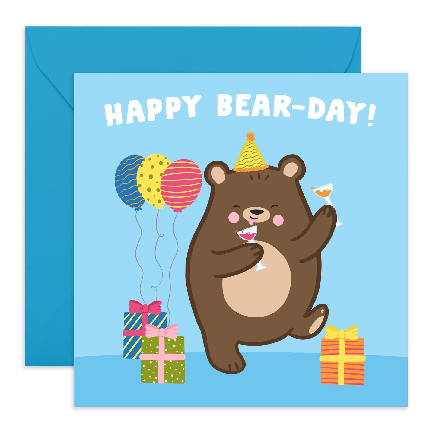 Girl Birthday Card - Happy Bear-day - Pun - Balloons Presents - Boys Birthday Cards - Cute Birthday Gifts For Men And Women - Friends Birthday Card - Comes With Fun Stickers - By Central 23