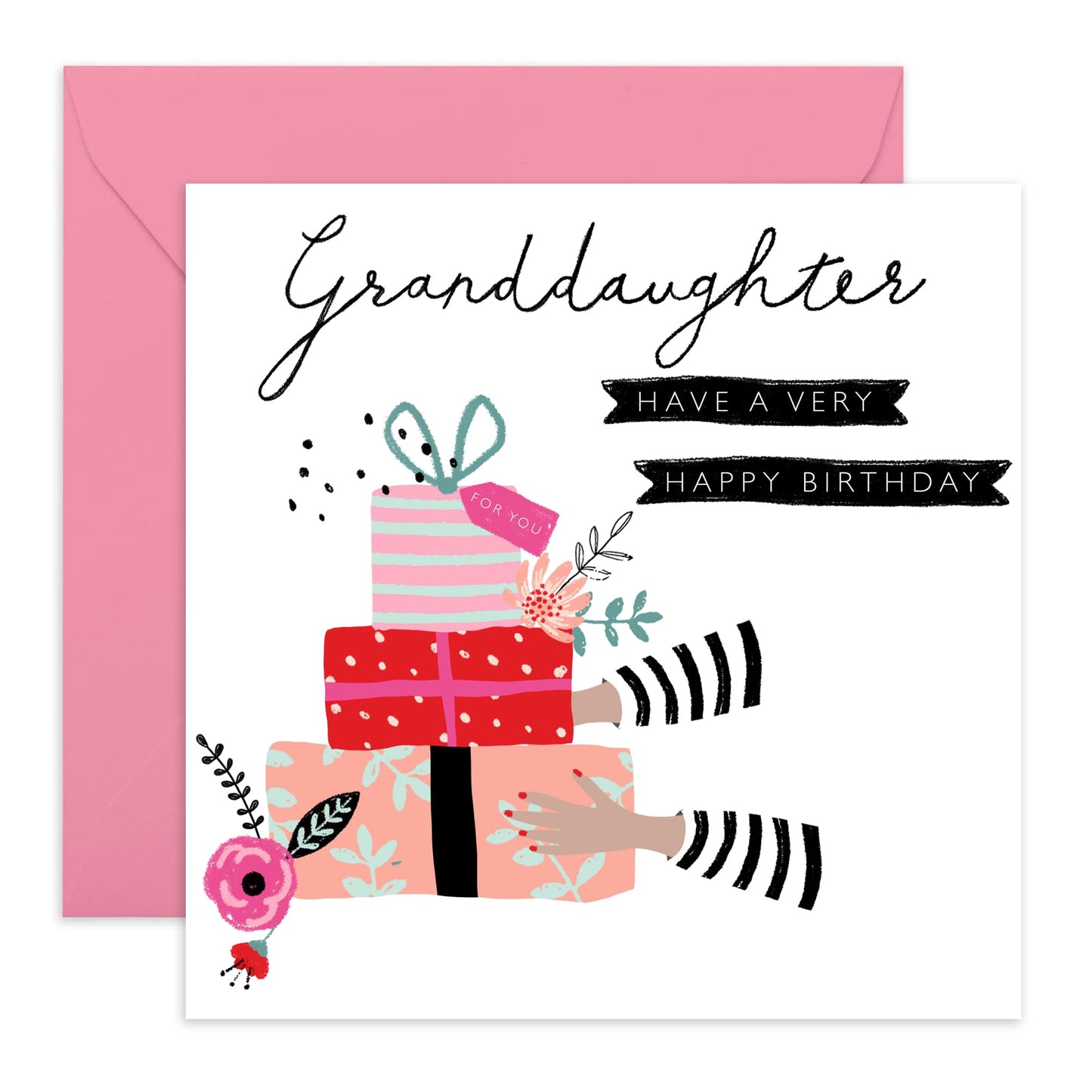 Happy Birthday Granddaughter Card - Trendy Gifts And Presents - Granddaughter Birthday Card For Her Women - Flower Card For Girls - Granddaughter Gifts - Comes With Fun Stickers - By Central 23