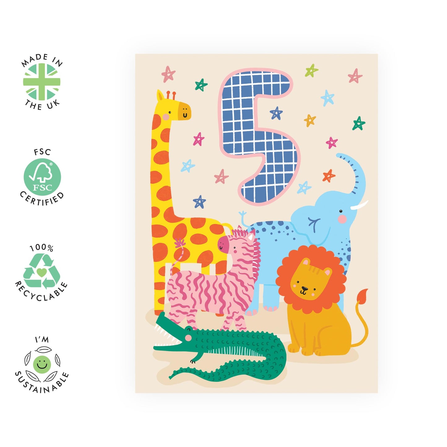 5th Birthday Card Girl Boy Kids - Cute Safari Animals - Happy Birthday Card Age Five - Gifts For Godson Granddaughter Niece Nephew Toddlers Five Year Old - Comes With Stickers By Central 23