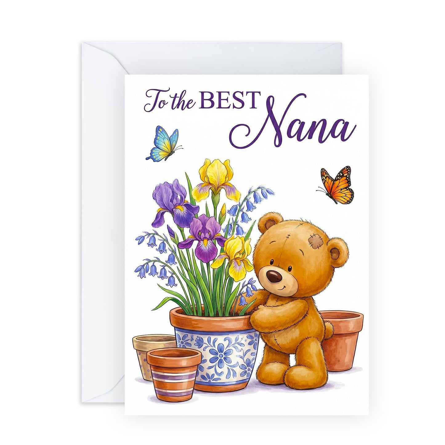 Nana Mother’s Day Card - ‘To the Best Nana’ Gardening Teddy Bear Birthday Card - Sweet Nanna Greeting Card with Floral Illustration - Includes Premium White Envelope
