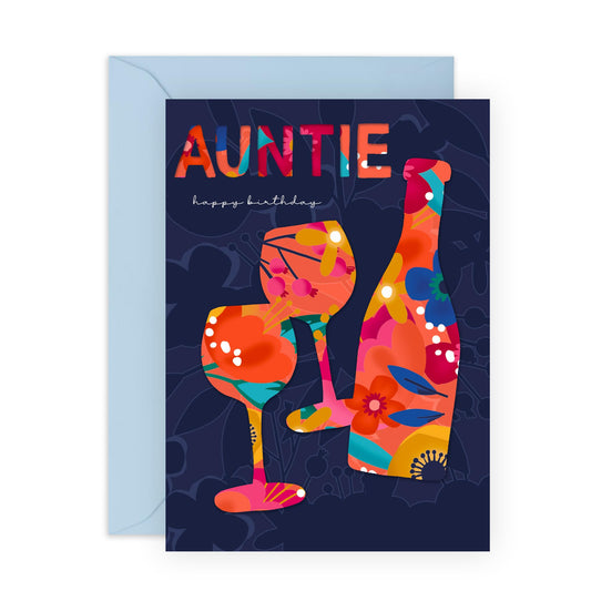 Happy Birthday Auntie Card - Floral Drinks Toast Celebration - Auntie Birthday Card - Gifts For Women - Greeting Cards For Her - Comes With Fun Stickers - By Central 23