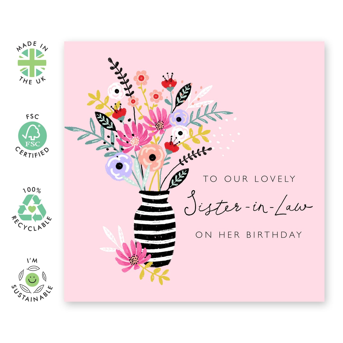 Sister In Law Birthday Cards For Her - Sweet Floral Cards For Women - Pink Flower Bouquet Card - Happy Birthday Sister In Law Greeting Cards And Envelopes - Comes With Stickers By Central 23