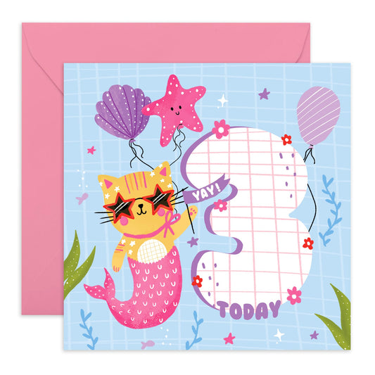 3rd Birthday Card Girl - Mermaid Cat - Happy Birthday Card For Kids Age Three - Birthday Card 3 Year Old Girl - Third Bday Gifts For Daughter Niece Granddaughter - Comes With Stickers By Central 23