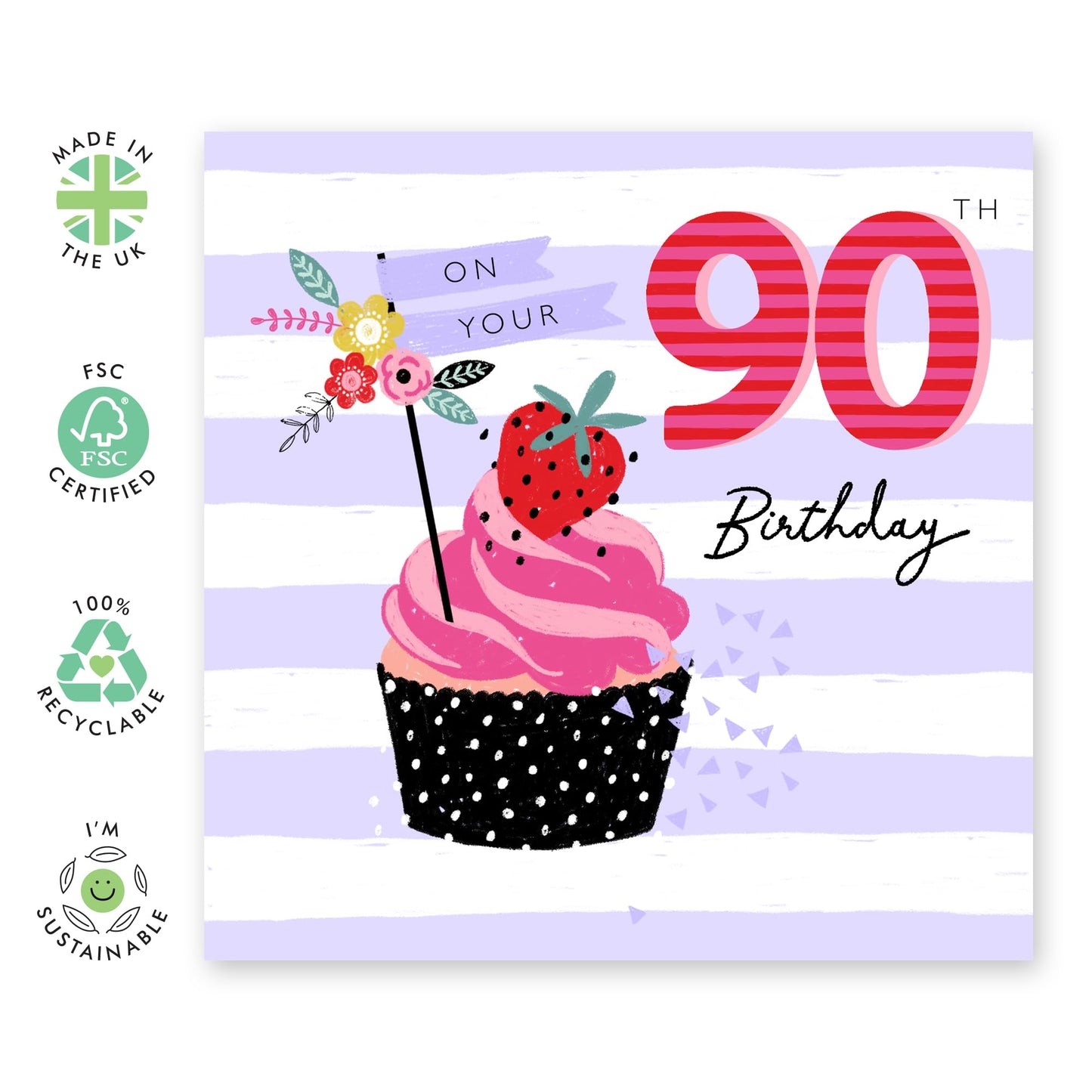 90th Birthday Card For Women - Ninety Year Old - Grandma Birthday Card - Purple Birthday Cards For Her Ninetieth - Bday Cupcake - Gifts For Nan Wife Sister - Comes With Stickers By Central 23