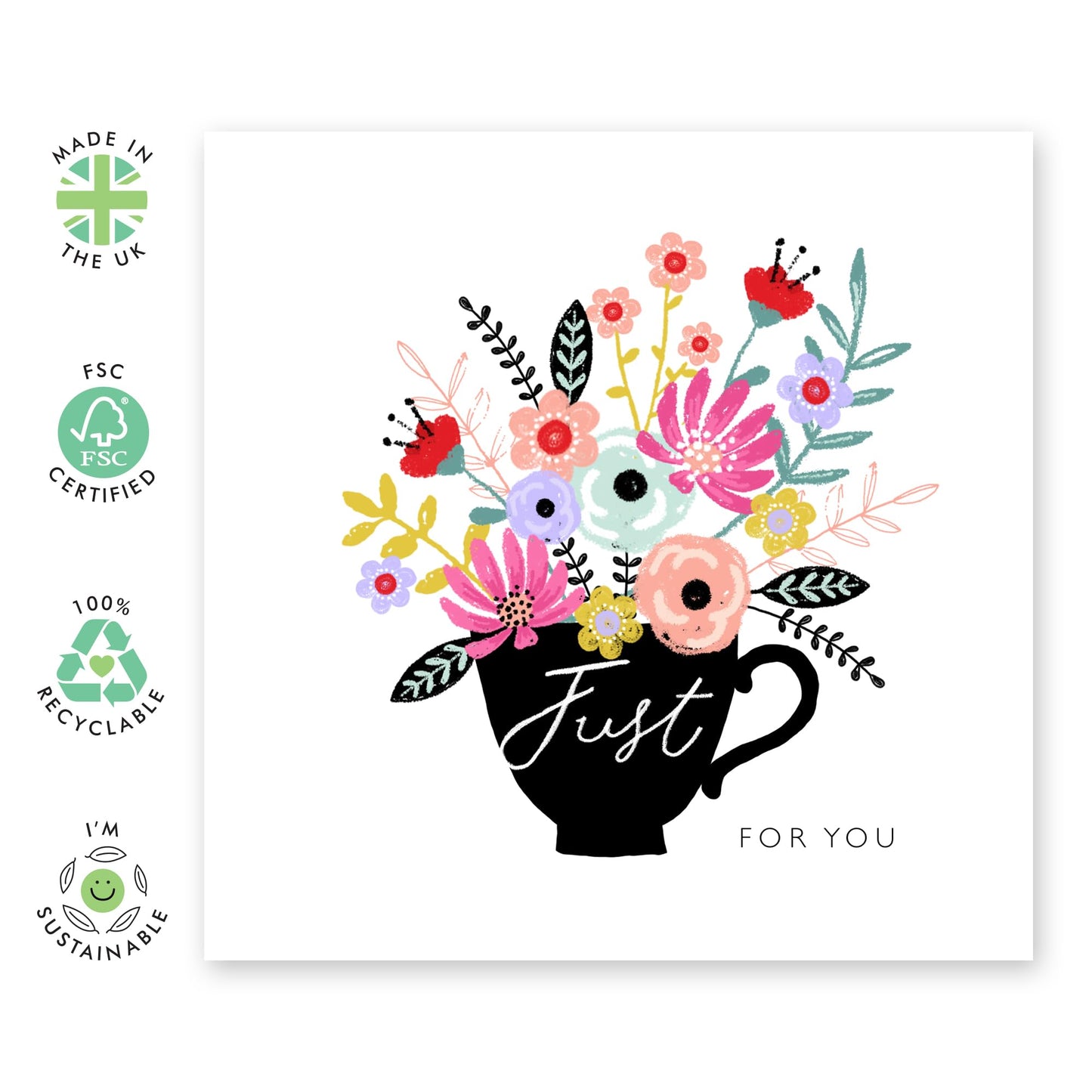 Floral Greeting Cards Birthday - Just For You Teacup Flowers - Blank Cards With Envelope - Bday Gifts - Pretty All Occasion Cards For Sister Mum Nan Aunt Her - Comes With Stickers By Central 23