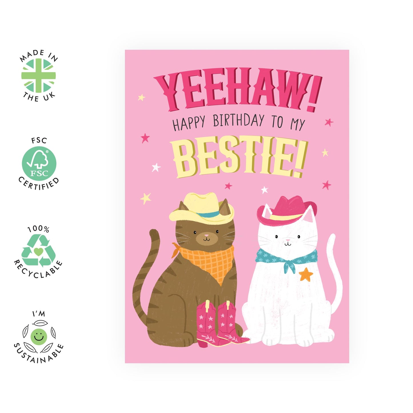 Birthday Card Cute Cat Friends - 'Cowboy Cats Bestie' - Gifts for BFF, Best Friends, Girlfriend, Sister, Sis, Coleagues, Family - Boots and Hat - Comes with Fun Stickers
