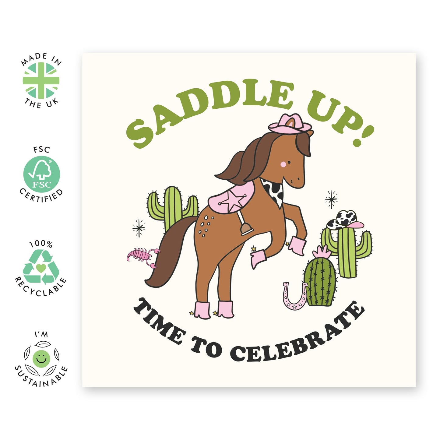Saddle Up Birthday Card – Fun Celebration Card for Her, Kids, Cowgirls, Friends, Colleagues and Horse Lovers- Cute Country Design - Comes with Fun Stickers