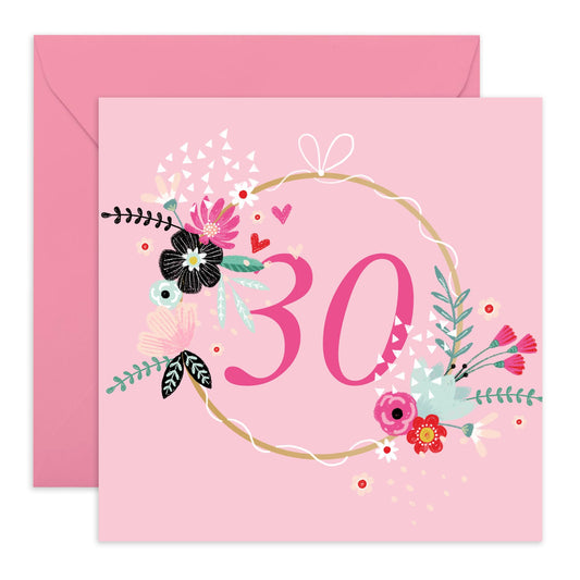 Elegant Birthday Card For Women Age 30 - Pink Floral Greeting Cards For Her Thirtieth Bday - Happy 30th Birthday Cards For Sister - Gifts For Friends Daughter Niece - Comes With Stickers By Central 23