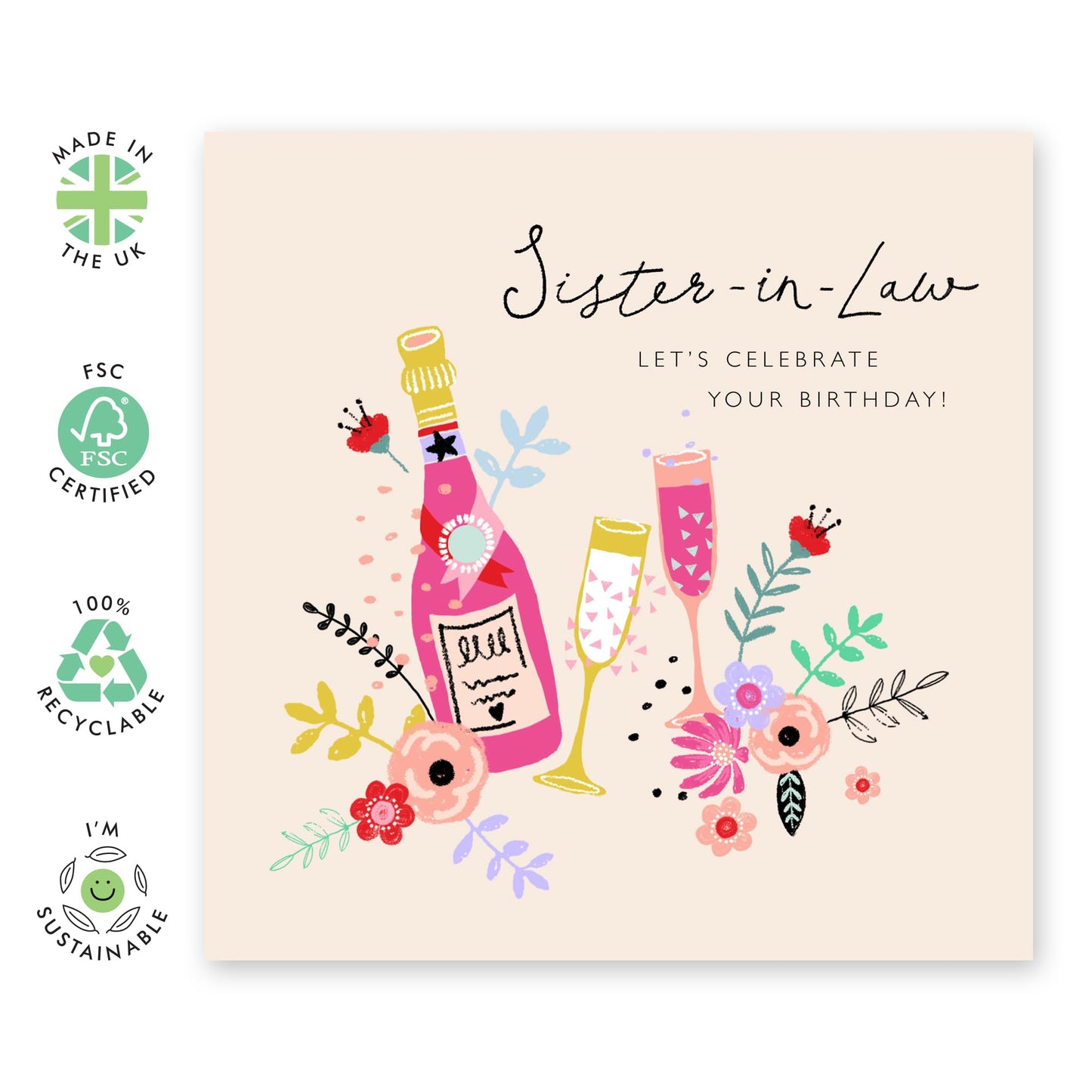 Elegant Sister In Law Birthday Card - Celebration Wine Champagne - Female Birthday Greeting Cards For Sis-in Law - Gifts Presents For Women - Comes With Stickers By Central 23