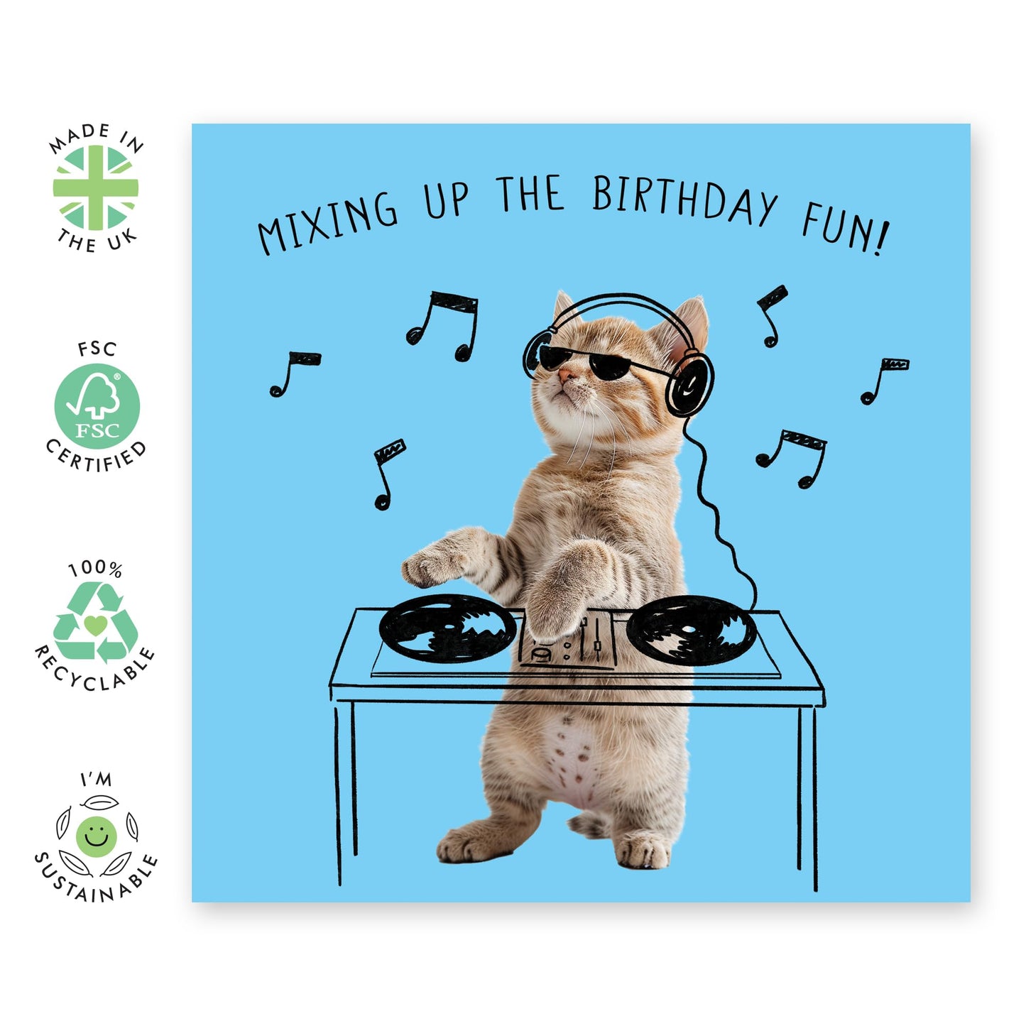 Birthday Card - 'DJ CAT BIRTHDAY FUN' - Perfect for Celebrating with a Musical Twist and Feline Flair - Ideal for Adding a Groovy and Fun Touch to Their Special Day - Comes With Stickers By Central 23