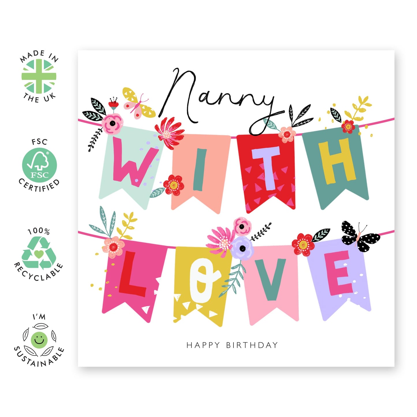 Sweet Birthday Card For Nanny - Nanny With Love - Grandma Gifts - Love Cards For Her - Pretty Greeting Cards For Women Nana Grandmother - Comes With Fun Stickers - By Central 23
