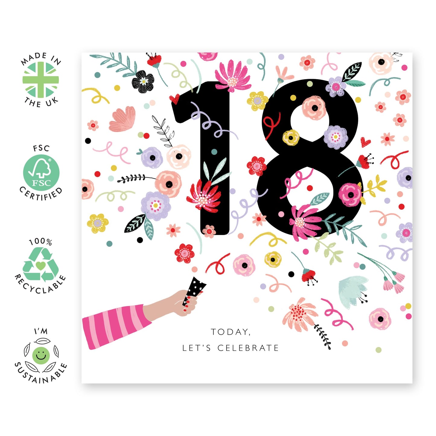 18th Birthday Card For Her - 18th Confetti Floral Canon - Happy Eighteenth Birthday Cards Daughter - 18 Year Old Gifts For Best Friend Women - Floral Bday Card - Comes With Stickers By Central 23