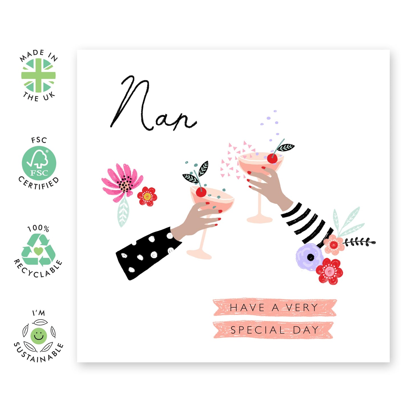 Nanny Birthday Card For Women - Cocktails Floral Greeting Cards Flowers - Nanny Gifts For Her - Celebration Congratulations Mother's Day - Comes With Fun Stickers By Central 23