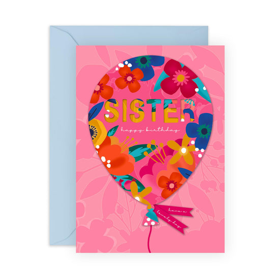 Sister Birthday Cards For Her - Pink Flower Balloons - Sweet Greeting Cards For Women Female - Heartfelt Gifts For Sister In Law - Comes With Fun Stickers - By Central 23