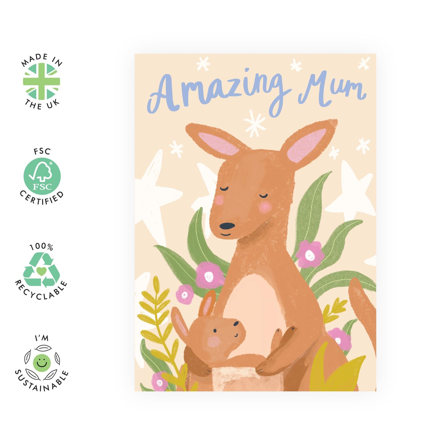 Mum Greeting Card - Amazing Mum Kangaroo - Thank You Card For Her, Mummy, Mam, Mama, Wife, Women From Son Daughter Husband - Appreciation - Mothers Day Card -Comes With Stickers