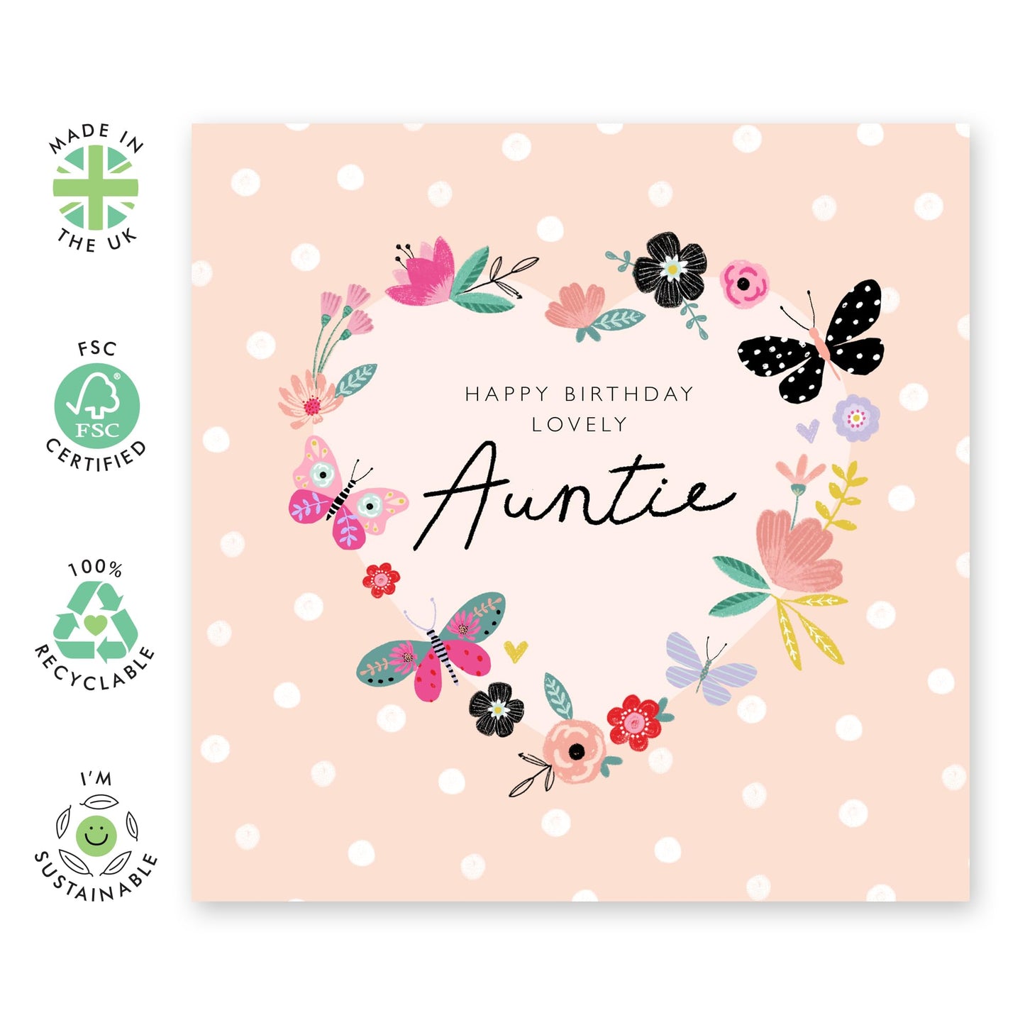 Aunt Birthday Card - Sweet Greeting Cards For Her - Flowers Butterfly Hearts Pink - Happy Birthday Lovely Auntie - Heartfelt Gifts For Women Aunty Tia - Comes With Stickers By Central 23