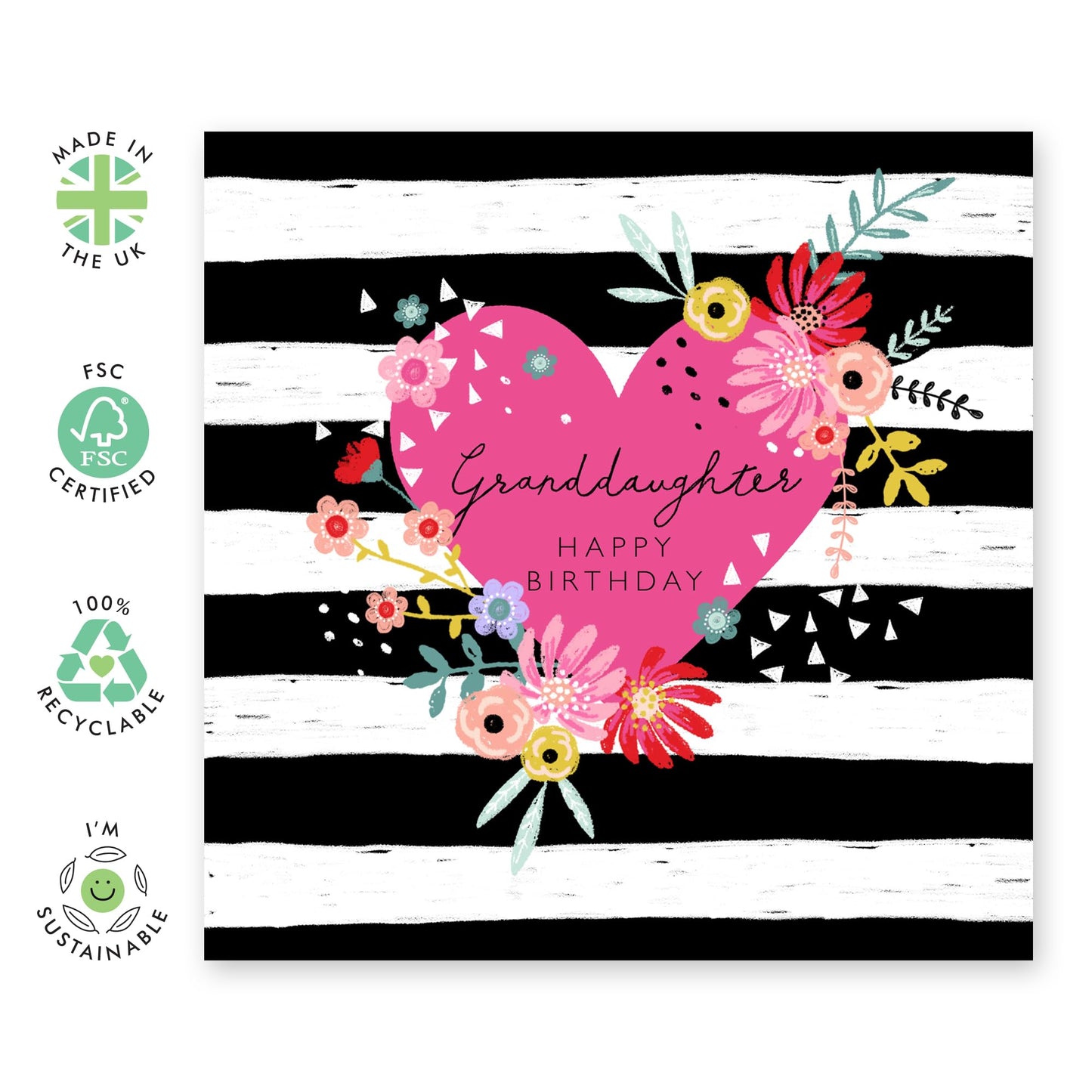 Granddaughter Birthday Cards For Women - Pink Stripes Flowers - Floral Cards For Women - Happy Birthday Cards For Granddaughter - Gifts For Her - Comes With Fun Stickers - By Central 23