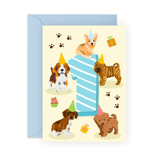 1st Birthday Card - Puppy Birthday Age 1 - Baby Milestone Cards Age One - First Birthday Cards - Cute Puppy - Gifts For Son Boys Grandson Nephew - Comes With Sticker By Central 23