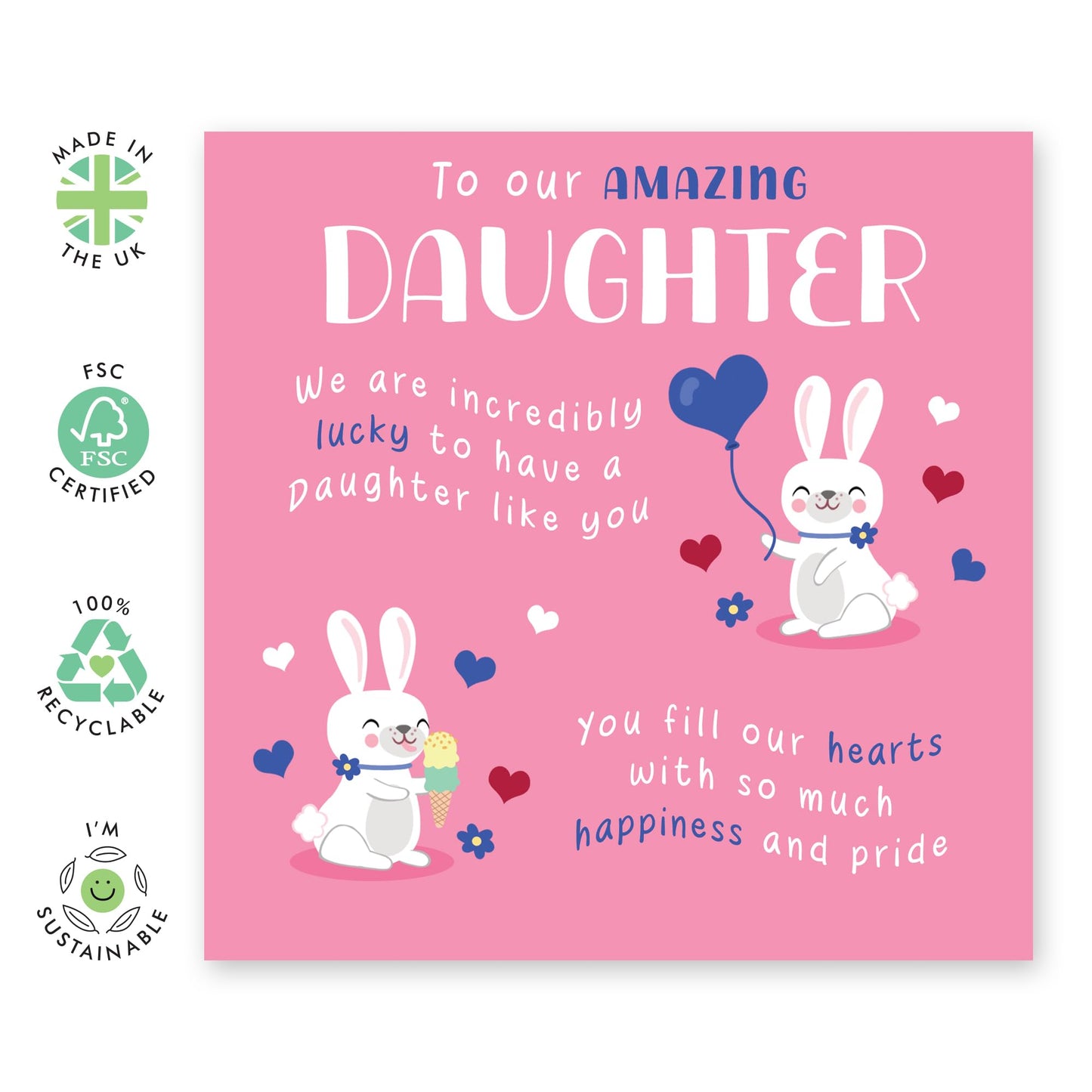 Daughter Birthday Cards - Amazing Daughter Bunny - Sweet Birthday Card For Girls From Mum Or Dad - Kids Birthday Card - Step Daughter - Comes With Stickers - By Central 23
